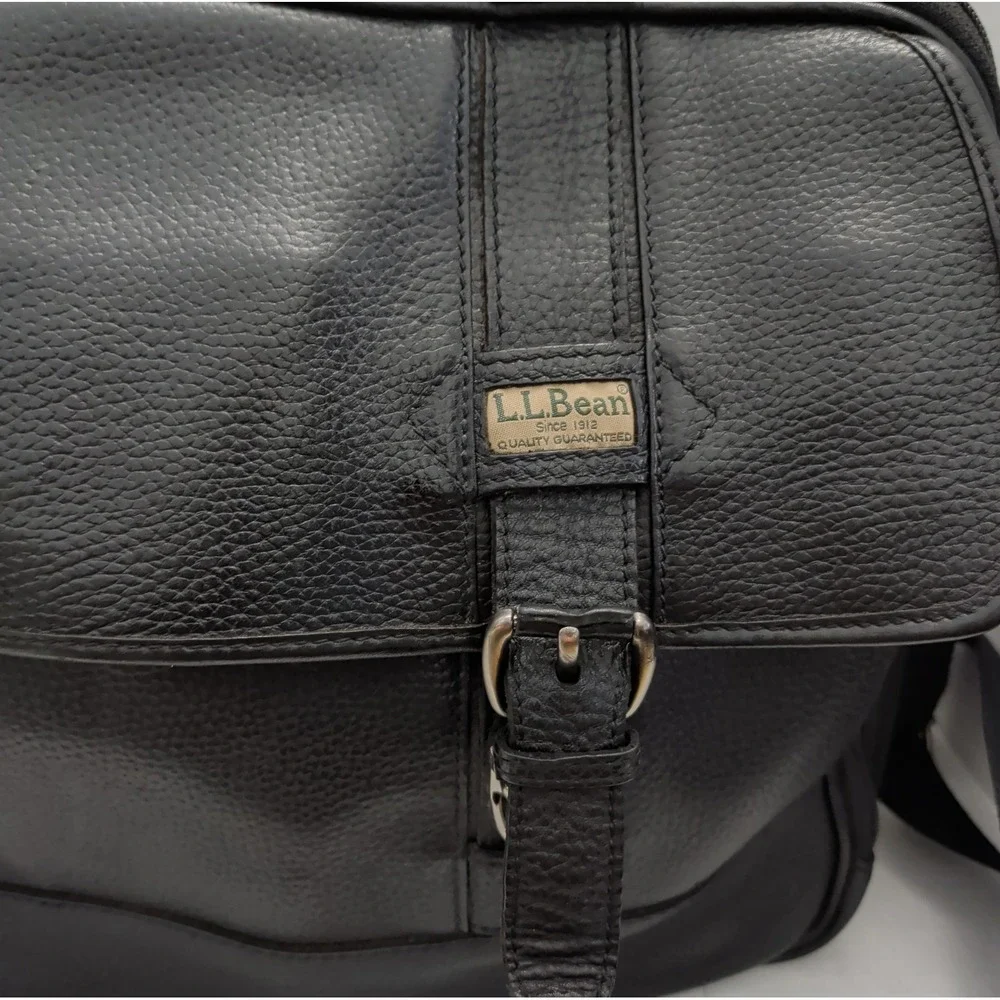 Vtg L.L. Bean Black Pebbled Leather Messenger Bag Satchel Casual Travel Laptop